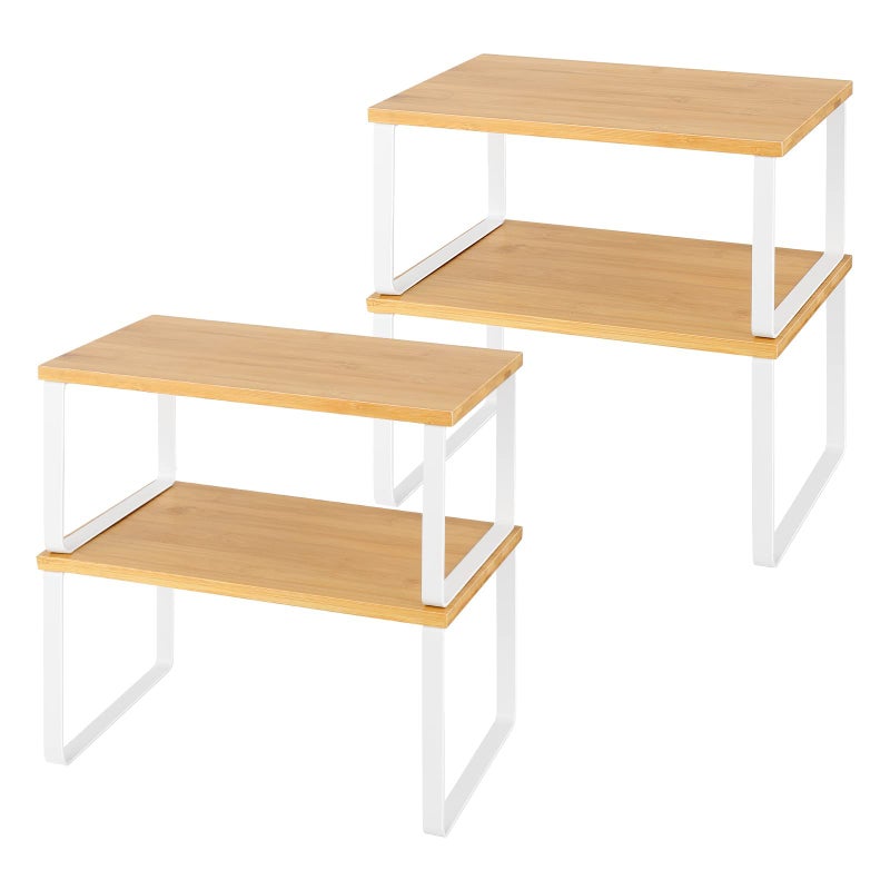 LIANTRAL Kitchen Cupboard Organiser 4Pack Cabinet Storage Shelf Organizer Rack Wood and Metal Expandable Spice Holder Stackable Storage Shelves for Cupboard CountertopPantry Natural and White