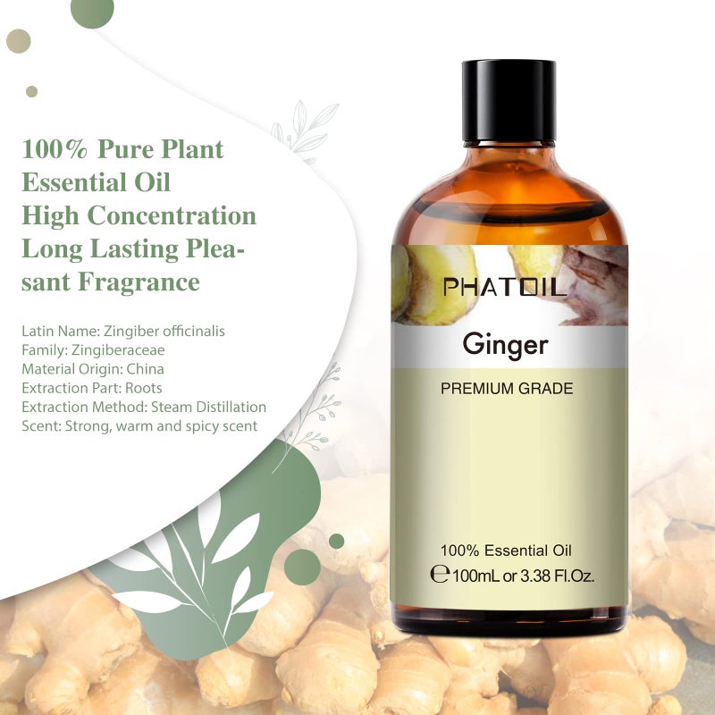 PHATOIL Ginger 3.38fl.oz Essential Oil, PHATOIL Pure Aromatherapy Oils for Diffuser, Humidifier, Perfect for DIY Soap, Candle, Bath Bombs Making(100ml) - Image 3