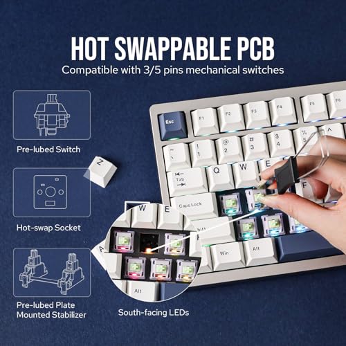 EPOMAKER P75 Wireless Aluminum Mechanical Keyboard, Bluetooth 5.0/2.4GHz/USB-C Hot Swappable Custom Keyboard, Gasket Structure, RGB Backlit, for PC/Tablet/PS/Xbox (Silver, Zebra Switch) - Image 4