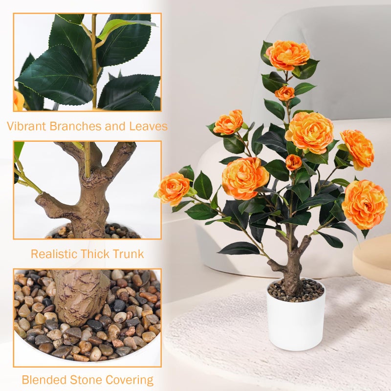 Caxchiling 2FT Artificial Camellia Tree, Small Fake Tree for Outdoor Indoor, Plastic Potted Plants for Home Office, Tabletop Desk Orange Flower Plants (1 Pack) - Image 4