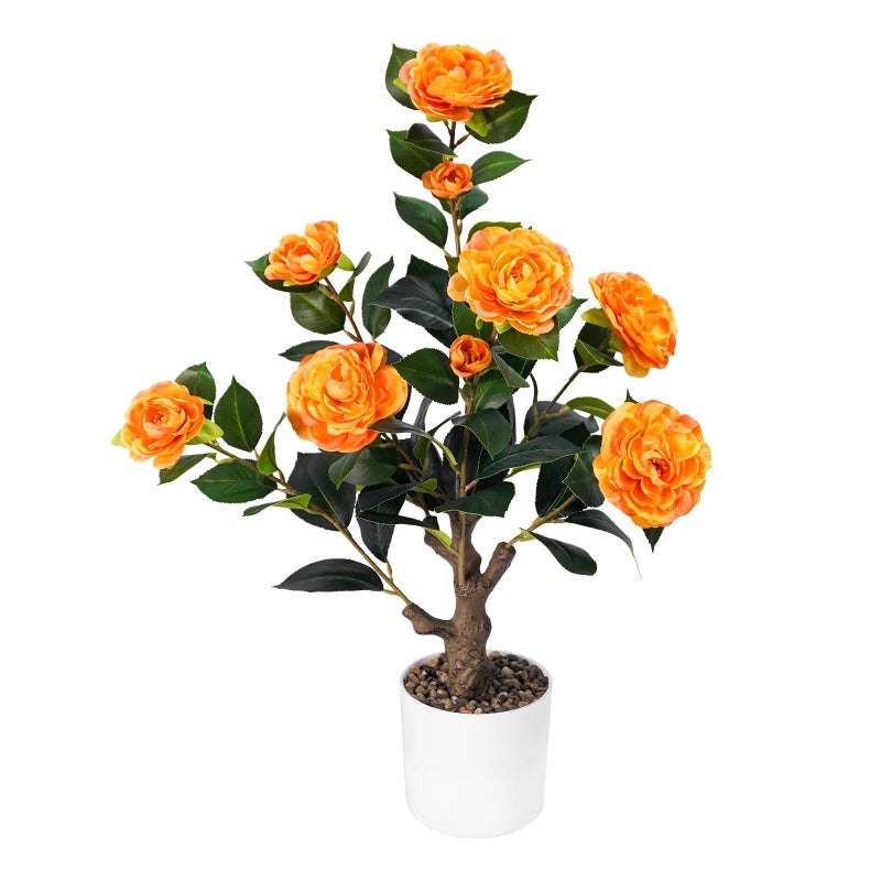 Caxchiling 2FT Artificial Camellia Tree, Small Fake Tree for Outdoor Indoor, Plastic Potted Plants for Home Office, Tabletop Desk Orange Flower Plants (1 Pack) - Image 1