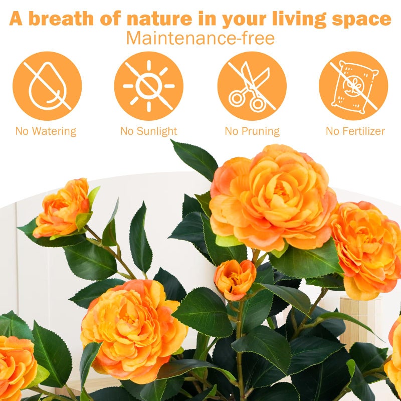 Caxchiling 2FT Artificial Camellia Tree, Small Fake Tree for Outdoor Indoor, Plastic Potted Plants for Home Office, Tabletop Desk Orange Flower Plants (1 Pack) - Image 3