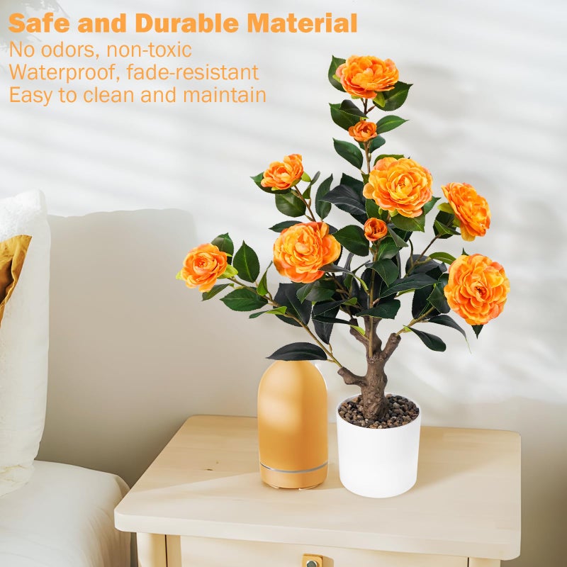 Caxchiling 2FT Artificial Camellia Tree, Small Fake Tree for Outdoor Indoor, Plastic Potted Plants for Home Office, Tabletop Desk Orange Flower Plants (1 Pack) - Image 5