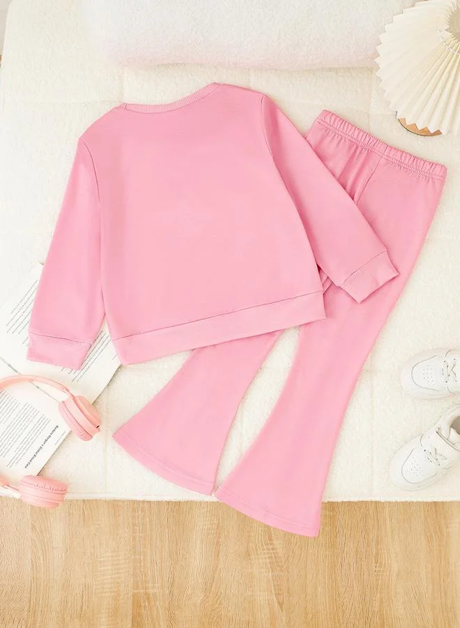 تايك تو Take Two Girl's Graphic Print Long Sleeve T-shirt With Flare Pants Set