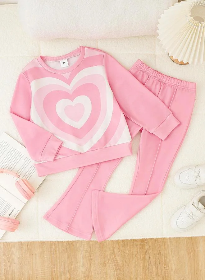 تايك تو Take Two Girl's Graphic Print Long Sleeve T-shirt With Flare Pants Set