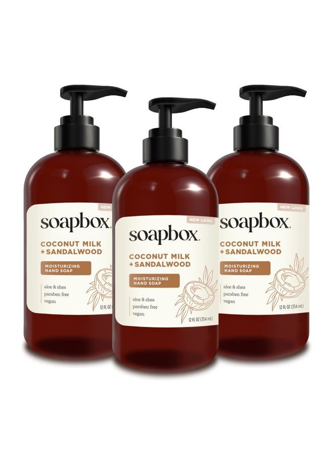 Soapbox Liquid Hand Soap, Coconut Milk & Sandalwood, Gentle & Moisturizing Hand Wash for Kitchen and Bathroom, Vegan & Cruelty Free Scented Hand Soap 12 Ounce Pump Bottles (Pack of 3) - Image 1