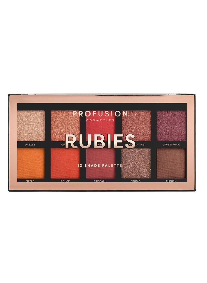 Profusion Cosmetics Rubies 10 Shade Eyeshadow Palette blend able multi finish corals and reds to crimson hues - Image 1