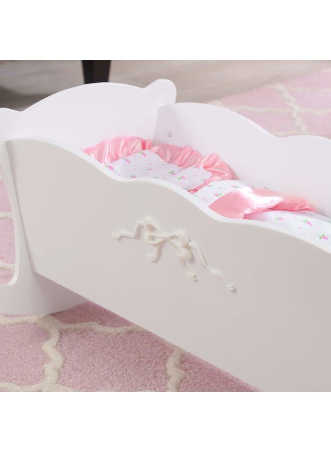 KidKraft Tiffany Bow Scalloped-Edge Wooden Lil Doll Rocking Cradle with Comforter, Pad and Pillow - White, Gift for Ages 3+ - Image 4