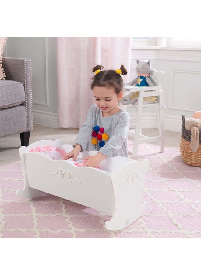 KidKraft Tiffany Bow Scalloped-Edge Wooden Lil Doll Rocking Cradle with Comforter, Pad and Pillow - White, Gift for Ages 3+ - Image 2