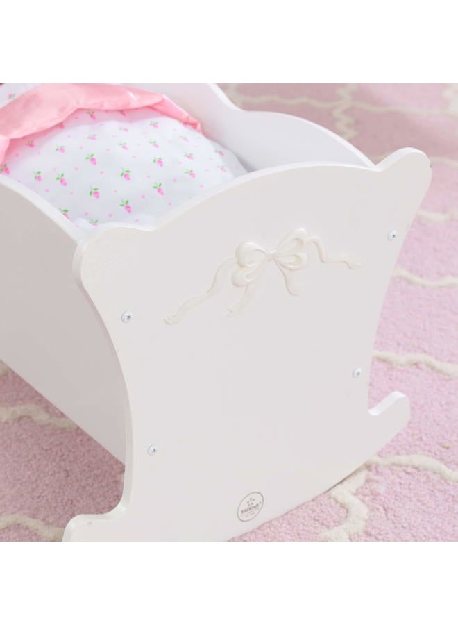 KidKraft Tiffany Bow Scalloped-Edge Wooden Lil Doll Rocking Cradle with Comforter, Pad and Pillow - White, Gift for Ages 3+ - Image 5