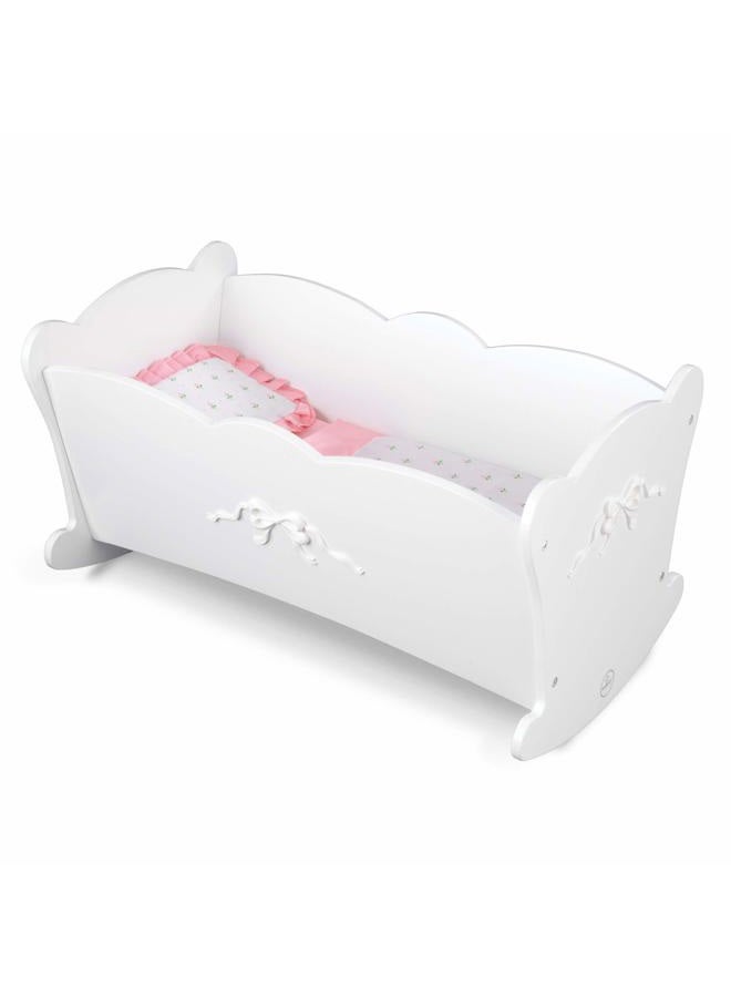 KidKraft Tiffany Bow Scalloped-Edge Wooden Lil Doll Rocking Cradle with Comforter, Pad and Pillow - White, Gift for Ages 3+ - Image 1