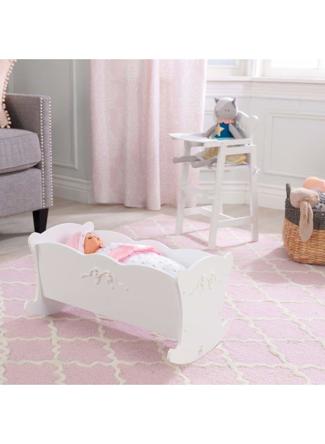 KidKraft Tiffany Bow Scalloped-Edge Wooden Lil Doll Rocking Cradle with Comforter, Pad and Pillow - White, Gift for Ages 3+ - Image 3