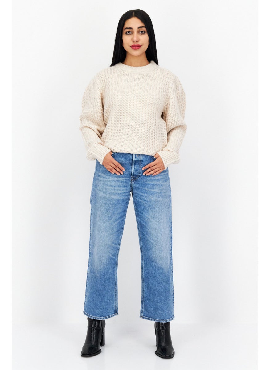 Tchibo Women Crew Neck Long Sleeves Knitted Sweater, Beige  - Image 2