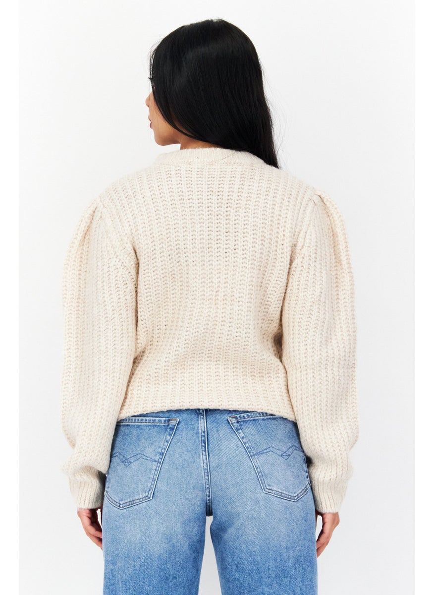 Tchibo Women Crew Neck Long Sleeves Knitted Sweater, Beige  - Image 3