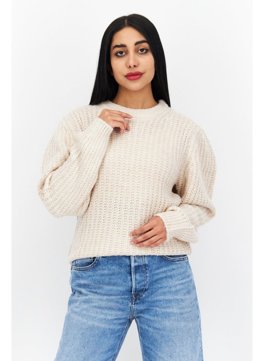 Tchibo Women Crew Neck Long Sleeves Knitted Sweater, Beige  - Image 1