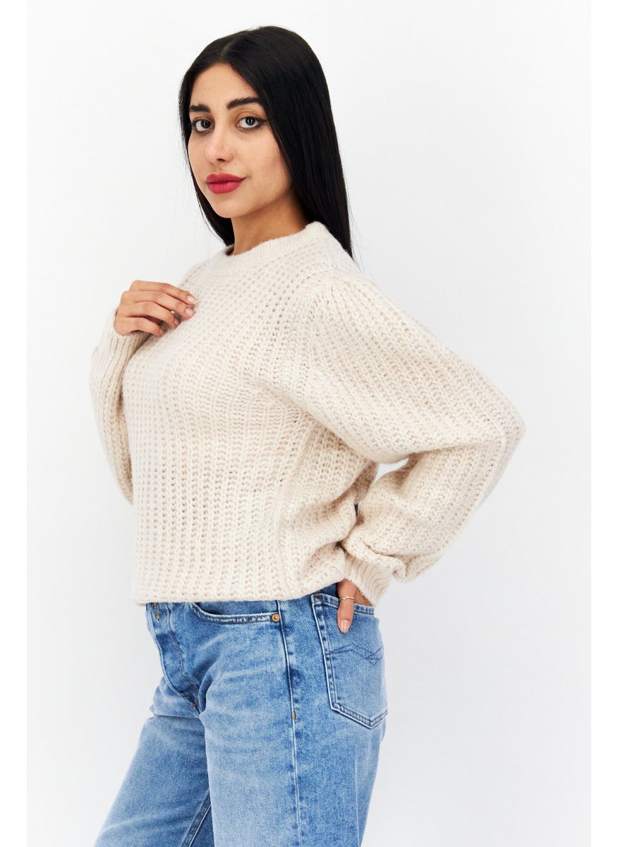 Tchibo Women Crew Neck Long Sleeves Knitted Sweater, Beige  - Image 4