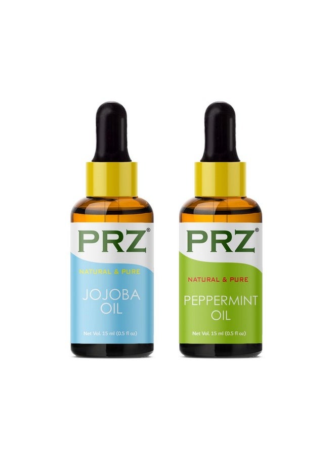 PRZ Combo Of Cold Pressed Jojoba Carrier Oil & Peppermint Essential Oil, 100% Pure Natural & Therapeutic Grade Oil For Aromatherapy, Body Massage, Skin Care & Hair Growth (15Ml Each)  - Image 1