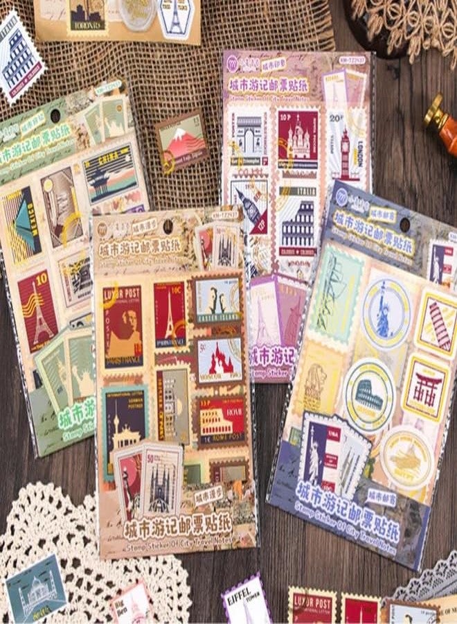 SAMVARDHAN Vintage Travel Stamp Sticker Pack –80 Pcs City Landmark & Postage Stamp Stickers for Journaling, Scrapbooking, Planner Decoration & DIY Crafts, Pack of 4 - Image 1