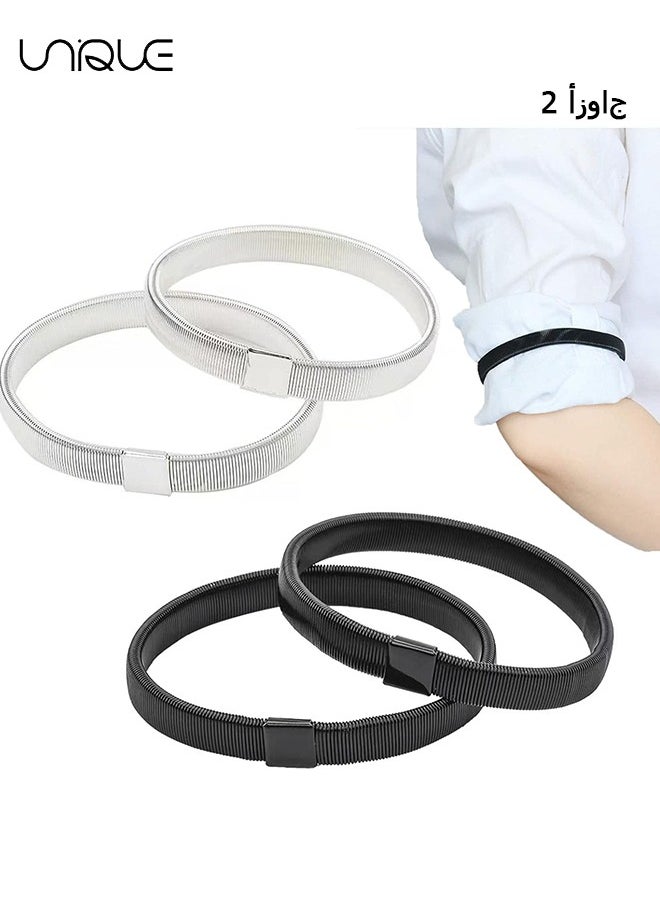 Unique - 2 Pairs Sleeve Garters Anti-Slip Shirt Sleeve Holders Garters Stretch Metal Adjustable One Size Anti-Slip Armbands Sleeve Garters for Women Men Valentines Day Gifts (Black+Silver) - Image 1