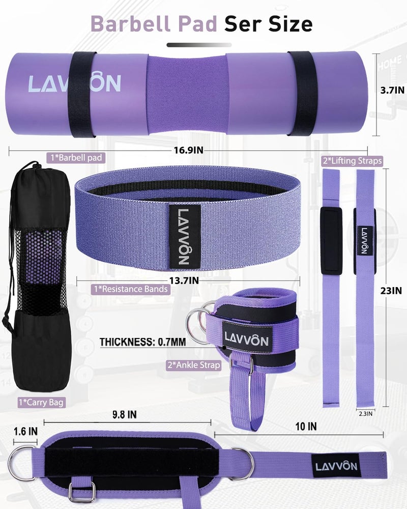 LAVVON 7Pcs-Barbell Pad Set for Hip Thrust - Squat Pad, Bench Press Workout Foam Weight Lifting Bar Cushion,Gym Accessories for Women with Bar Bad,with Gym Ankle Straps,Hip Resistance Bands,Lifting Strap (Purple) - Image 2