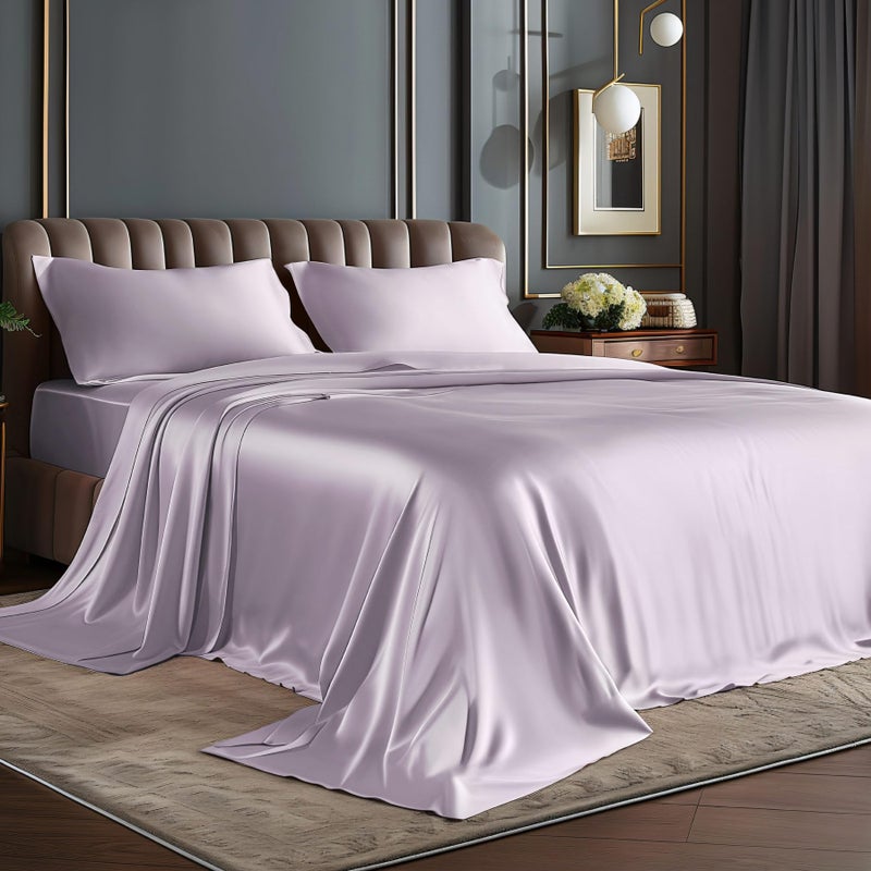 BEDELITE Satin Sheets Queen Size Bed Set, Luxury Soft Lavender Silky Sheets for Hair and Skin, Similar to Silk Bed Sheets Set 4 Pieces with 1 Deep Pocket Fitted Sheet, 1 Flat Sheet, and 2 Pillowcases - Image 1
