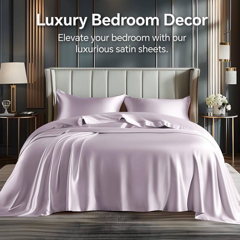 BEDELITE Satin Sheets Queen Size Bed Set, Luxury Soft Lavender Silky Sheets for Hair and Skin, Similar to Silk Bed Sheets Set 4 Pieces with 1 Deep Pocket Fitted Sheet, 1 Flat Sheet, and 2 Pillowcases - Image 2