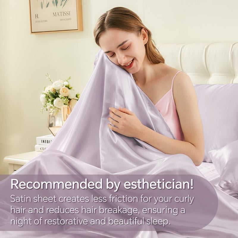 BEDELITE Satin Sheets Queen Size Bed Set, Luxury Soft Lavender Silky Sheets for Hair and Skin, Similar to Silk Bed Sheets Set 4 Pieces with 1 Deep Pocket Fitted Sheet, 1 Flat Sheet, and 2 Pillowcases - Image 4