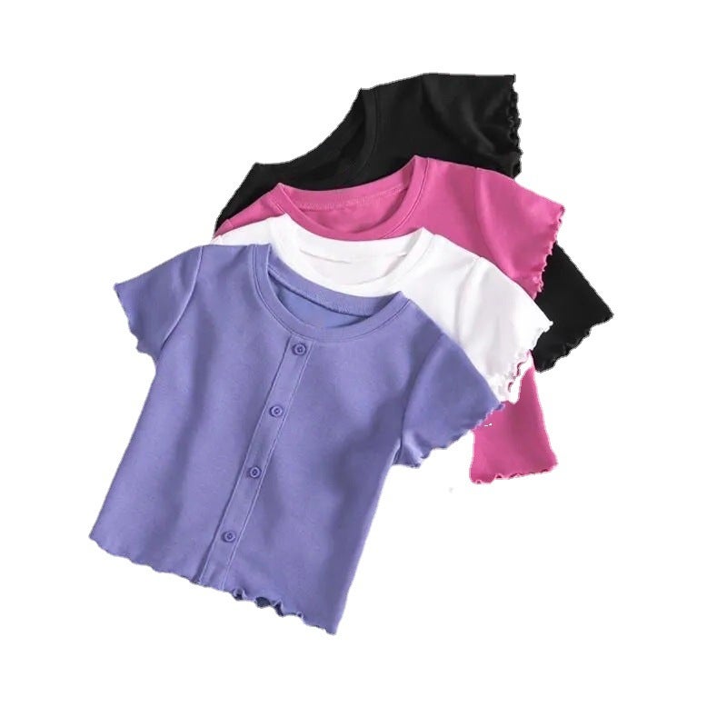 Girls' Summer Short-Sleeved T-Shirt Baby'S Western Style Children'S Personality Trendy Brand Ear-Edged Button Modal Internet Popular Top - Image 5