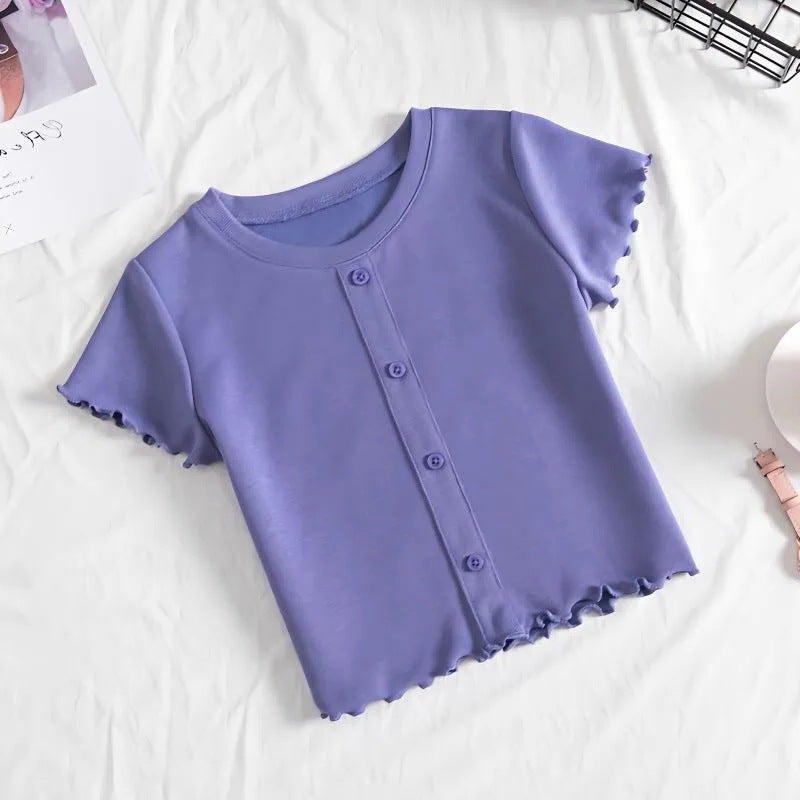Girls' Summer Short-Sleeved T-Shirt Baby'S Western Style Children'S Personality Trendy Brand Ear-Edged Button Modal Internet Popular Top - Image 3