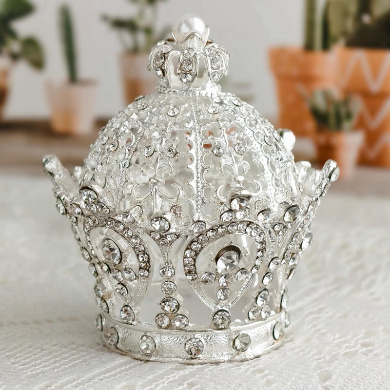 SEVENBEES Hinged Silver Crown Trinket Box, Collectible, Rhinestone-Adorned, Jeweled Enamel, Decorative Jewelry and Ring Holder Box - Image 1