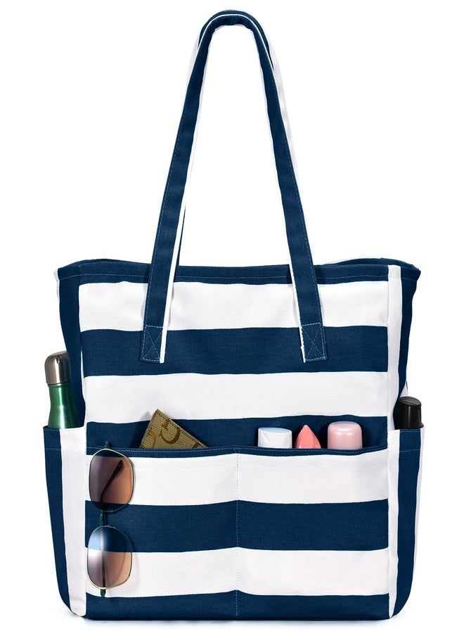 oscaurt Beach Bags for Women Beach Tote Bag Waterproof Sandproof Swim Pool Bag Large Capacity Beach Bag with Wet Pocket, Dark Blue Stripe, Large - Image 1