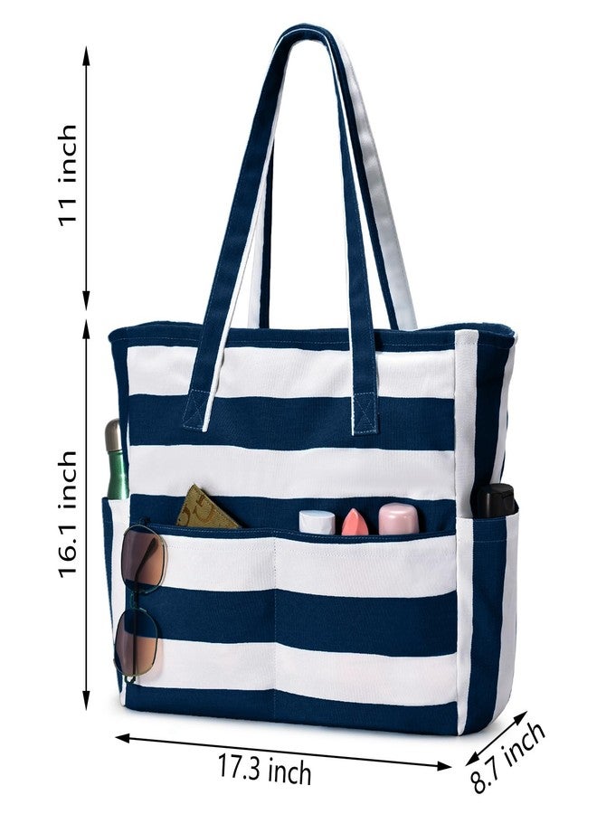 oscaurt Beach Bags for Women Beach Tote Bag Waterproof Sandproof Swim Pool Bag Large Capacity Beach Bag with Wet Pocket, Dark Blue Stripe, Large - Image 4
