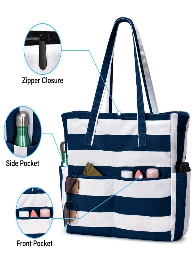 oscaurt Beach Bags for Women Beach Tote Bag Waterproof Sandproof Swim Pool Bag Large Capacity Beach Bag with Wet Pocket, Dark Blue Stripe, Large - Image 2