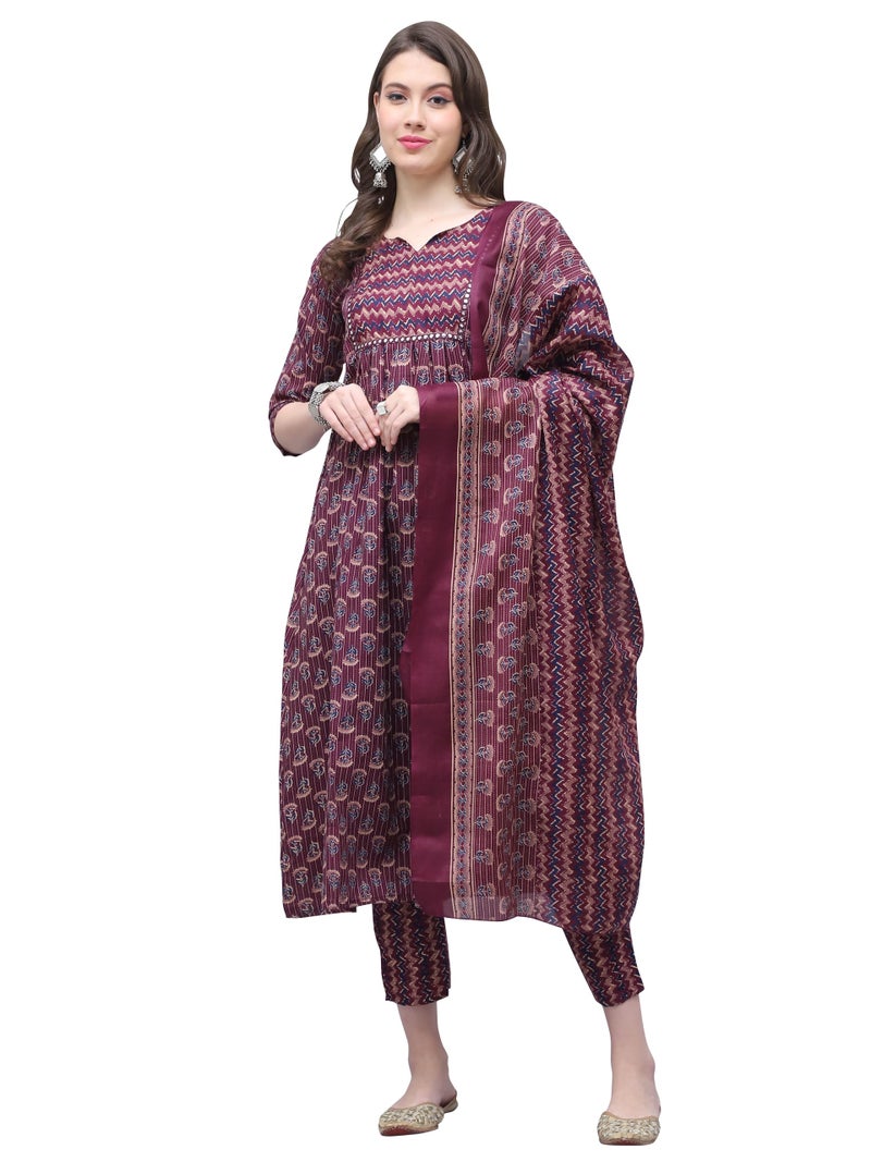 Rajnandini Women's Cotton Blend Jaipuri Printed Kurta Set with Dupatta (JOPLST218-XXL_Wine & Beige_XXL) - Image 1