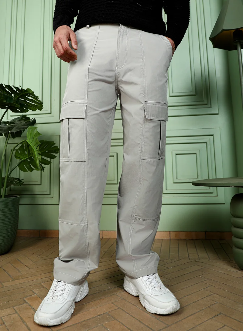 Campus Sutra Men Contrast-Stitch Utility Trousers | Mid-Rise, Straight-Fit | Button Closure, Straight Hem | Solid Plain Woven Fabric For Casual & Daily Wear | Cloud Grey