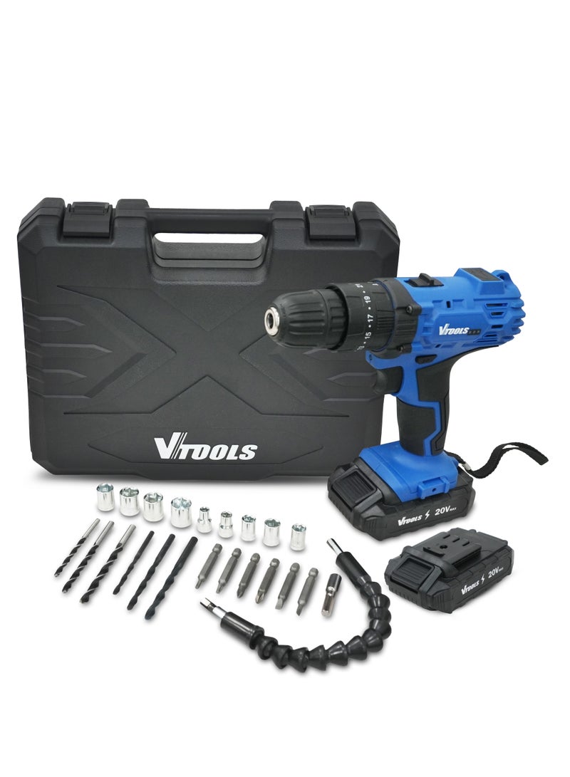 VTOOLS 20V Cordless Impact Drill Set with 29 Pcs Accessories Set - Image 1