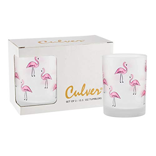 Culver Tropical Decorated Frosted Double Old Fashioned Tumbler Glasses, 13.5-Ounce, Gift Boxed Set of 2 (Flamingos) - Image 4
