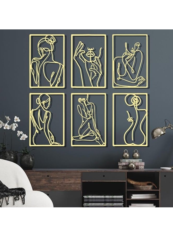 Solitaire SOLITAIRE 6 Pcs Metal Wall Decor Metal Abstract Woman Wall Art Modern Decor Aesthetic Hanging Art Large Single Line Wall Sculpture for Home Bedroom Living Room (Gold) - Image 2
