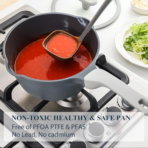 PRICUSIS Nonstick Saucepan with Lid, 2.7 Quart Ceramic Sauce Pan, Non Toxic Sauce Pot with Pour Spouts for Multipurpose Use, PTFE, PFOA & PFAS Free, Induction Compatible. - Image 4