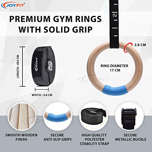 JoyFit Wooden Gymnastic Rings | 880 lbs Load Capacity | Adjustable Buckle Straps | Calisthenics Equipment | Gym Rings for Pull Ups, Strength Training & Crossfit Home Workout for Men & Women (Set of 2) - Image 2