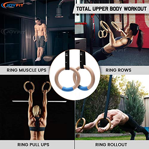 JoyFit Wooden Gymnastic Rings | 880 lbs Load Capacity | Adjustable Buckle Straps | Calisthenics Equipment | Gym Rings for Pull Ups, Strength Training & Crossfit Home Workout for Men & Women (Set of 2) - Image 4