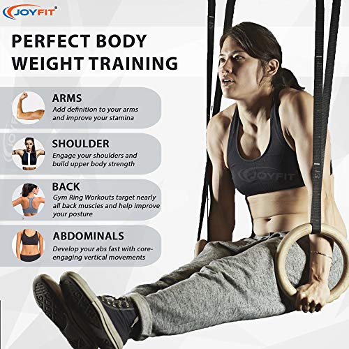 JoyFit Wooden Gymnastic Rings | 880 lbs Load Capacity | Adjustable Buckle Straps | Calisthenics Equipment | Gym Rings for Pull Ups, Strength Training & Crossfit Home Workout for Men & Women (Set of 2) - Image 3