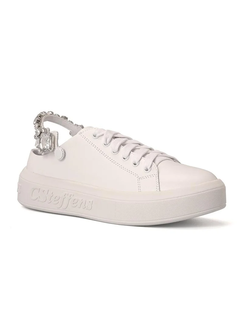 Carmen Steffens White Leather Sneakers with Crystal Detailing
