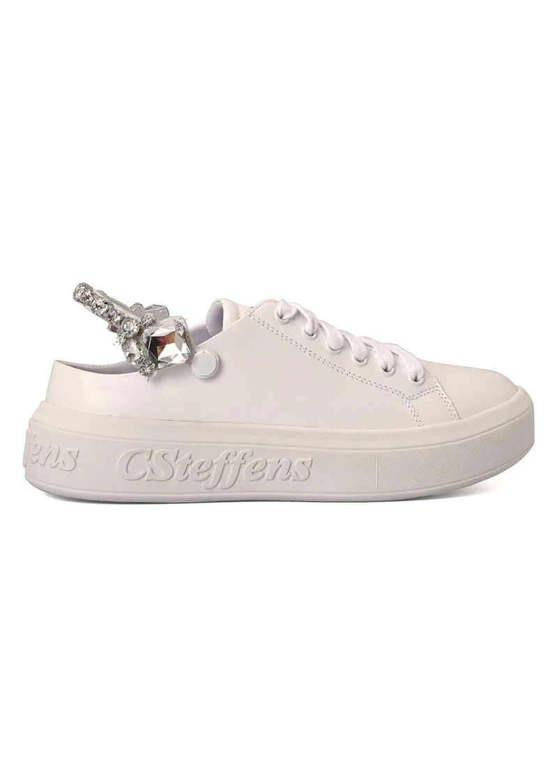 Carmen Steffens White Leather Sneakers with Crystal Detailing