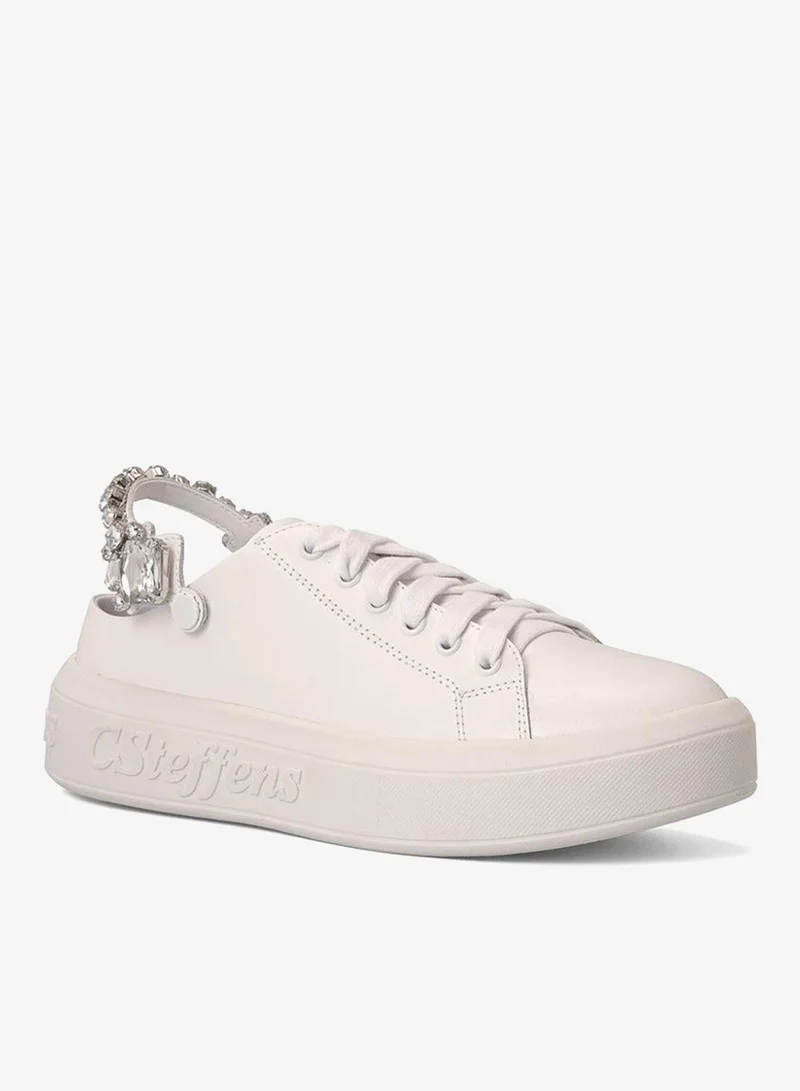 Carmen Steffens White Leather Sneakers with Crystal Detailing