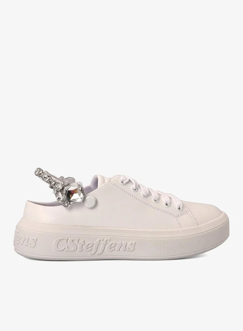 Carmen Steffens White Leather Sneakers with Crystal Detailing