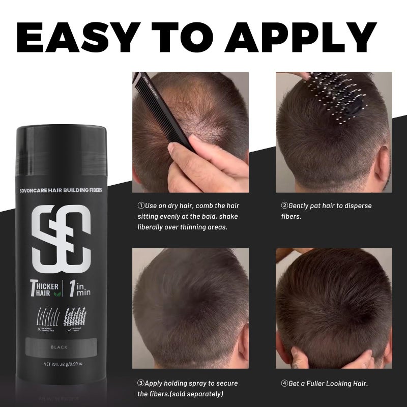 SOVONCARE Hair Fibers for Thinning Hair, Black Hair Building Fibers for Bald Spots Undetectable & Natural, Conceals Hair Loss, Fill In Fine Hair Powder Hair Thicker Instantly for Women & Men 28g - Image 4