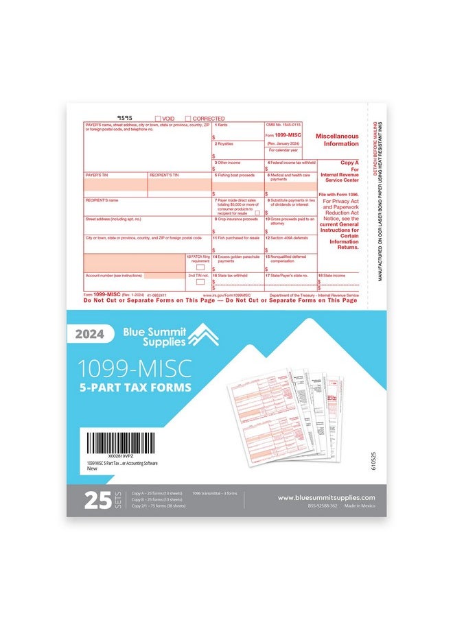 Blue Summit Supplies 1099 Misc Forms 2024, 5 Part Tax Forms Kit, 25 Vendor Kit Of Laser Forms Designed For Quickbooks And Accounting Software  - Image 2