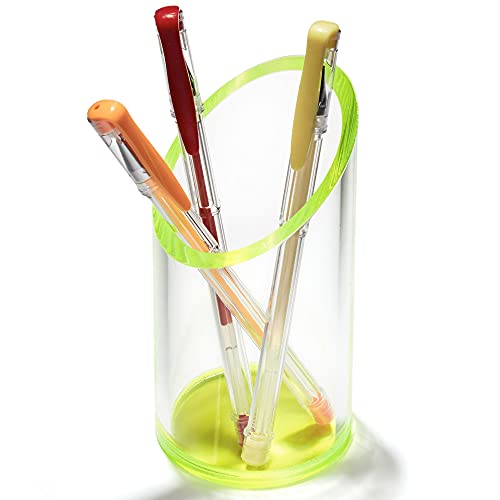 OfficeGoods Acrylic Pen & Pencil Holder - Modern Cylinder Design - Beautiful Desk Organizer for Home or Office - Contrasting Base & Rim - 5.25” H x 2.5” W - Neon Green - Image 1