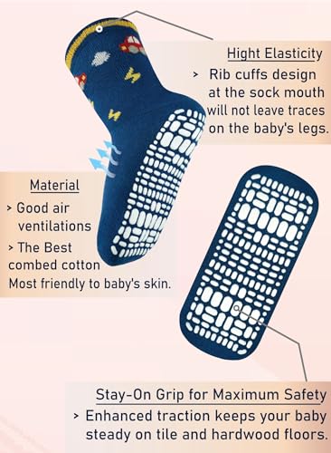 RATIVE Non Skid Anti Slip Slipper Cotton Crew Socks With Grips for Baby Toddlers Kids Boys 1-3T, 6-pairs/RB-711 - Image 3